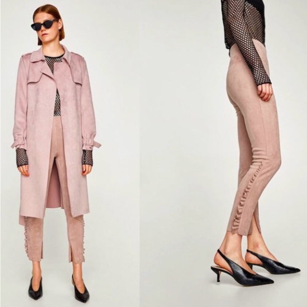Zara Frilled Faux Suede Leggings Skinny‎ Pants Ruffle Blush Pink S